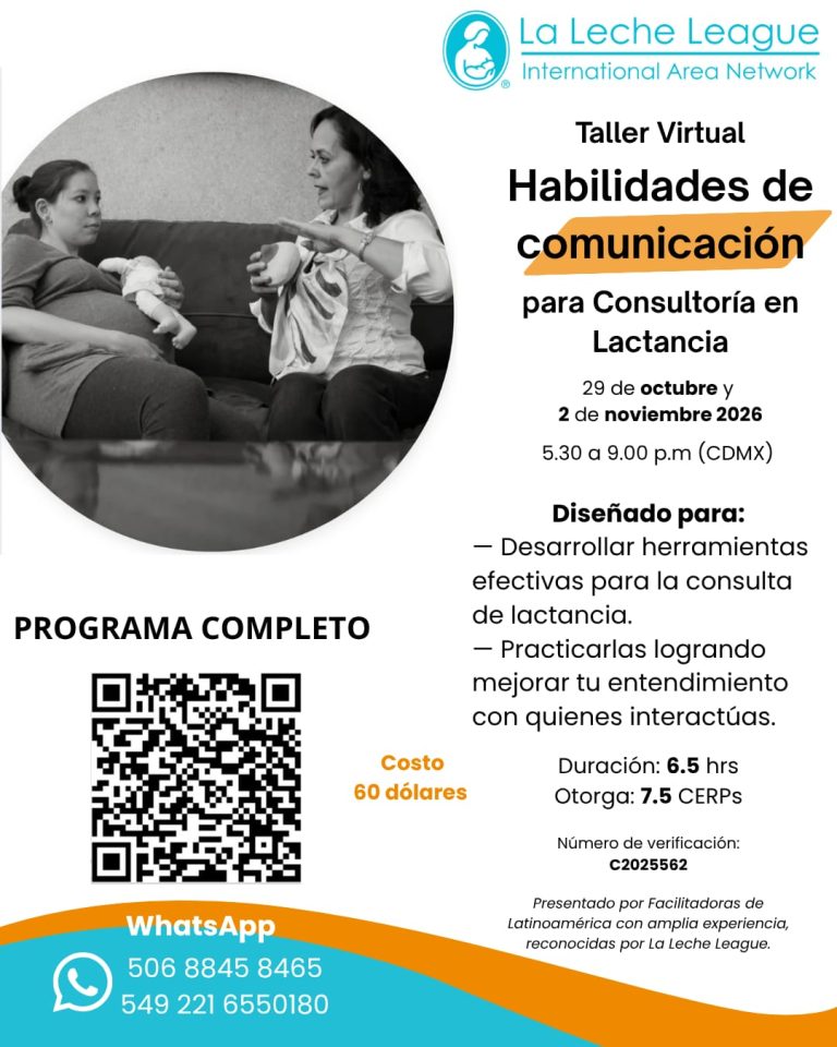 Cartel del taller virtual «Habilidades de comunicación para Consultoría en Lactancia» de La Leche League International