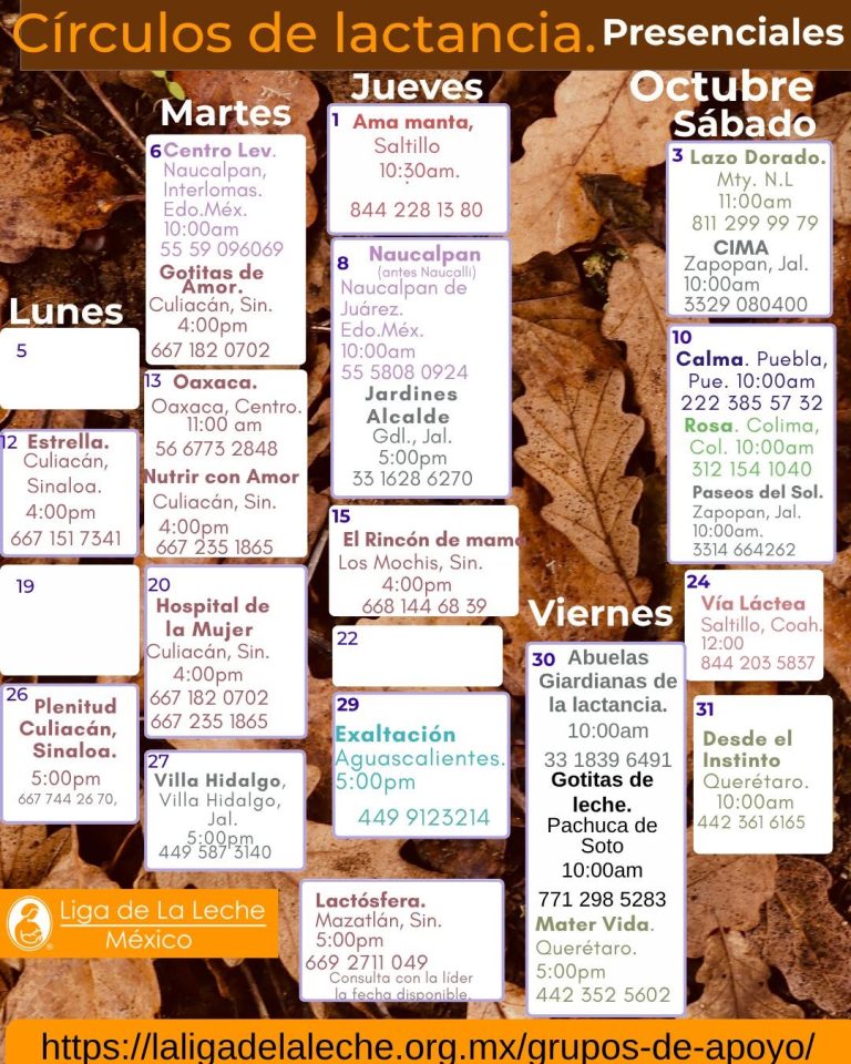 Calendario de octubre de los círculos de lactancia presenciales por ciudad, con día, hora y teléfono