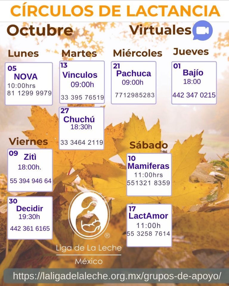 Calendario de octubre de los círculos de lactancia virtuales, con día, hora y teléfono de cada grupo